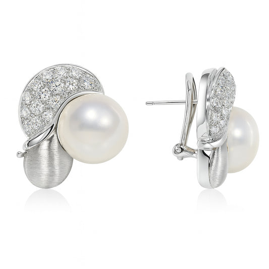14k White Gold Fresh Water Pearl Diamond Ear Clips