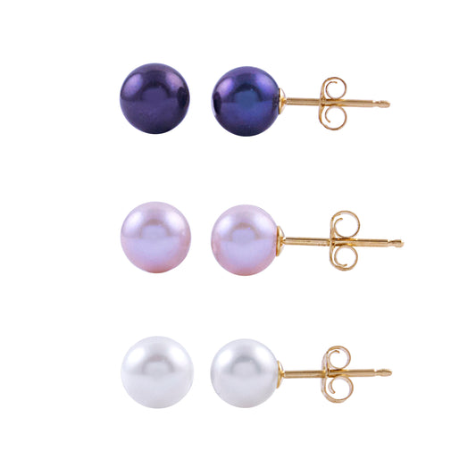 14k Classic White, Pink or Freshwater Pearl Post Stud Earrings Set of 3  5.5-6MM