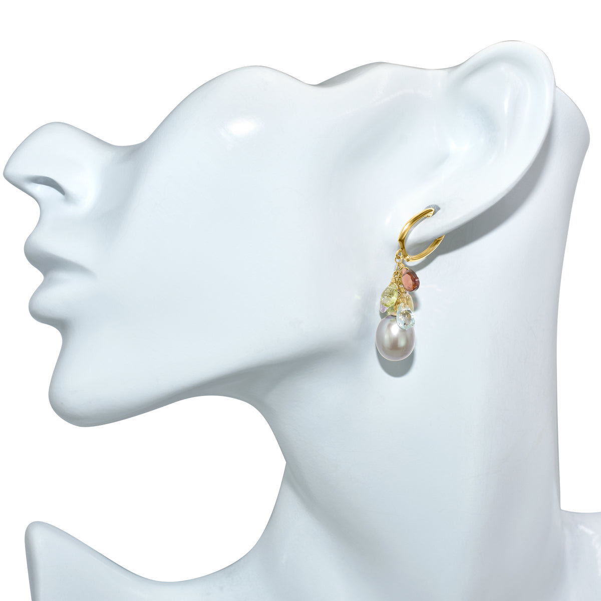 14k Blue Topaz, Peridot, Tourmaline, Amethyst, Citrine, Grey Pearl Hoop Earring