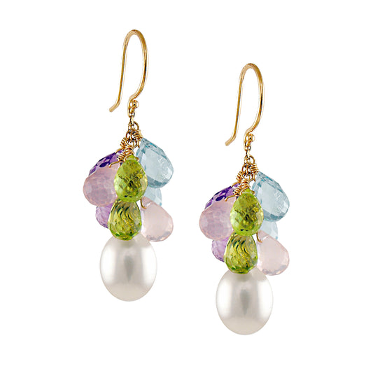 14k White Freshwater Pearls, Amethyst, Blue Topaz, Peridot, and Rose Quartz Hook Earring