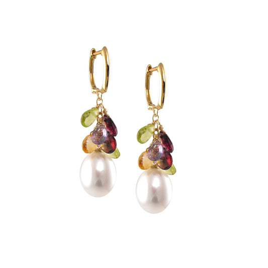 14k White Freshwater Pearl Faceted Pear Amethyst Peridot, Topaz, Citrin, Garnet Hoop Earring