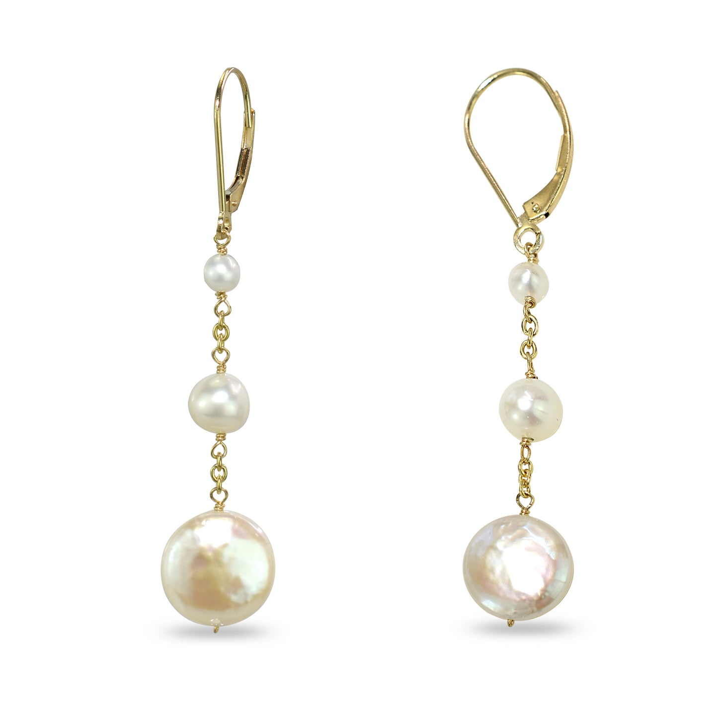 14k Freshwater Pearl Coin Chain Drop Earring