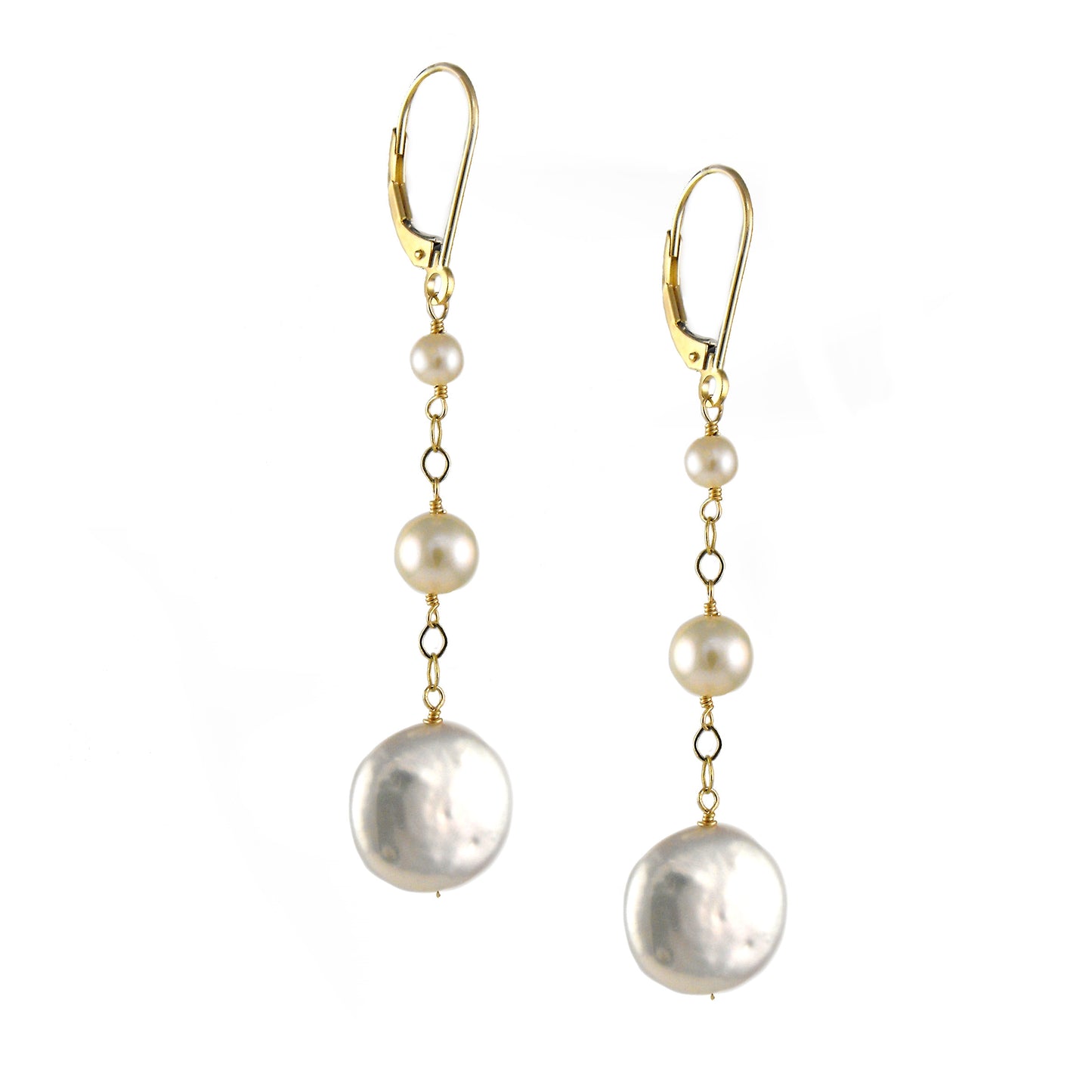 14k Freshwater Pearl Coin Chain Drop Earring