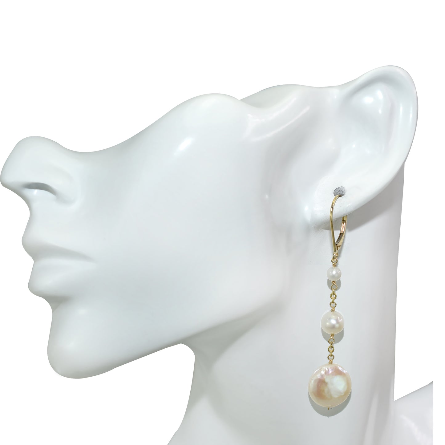 14k Freshwater Pearl Coin Chain Drop Earring