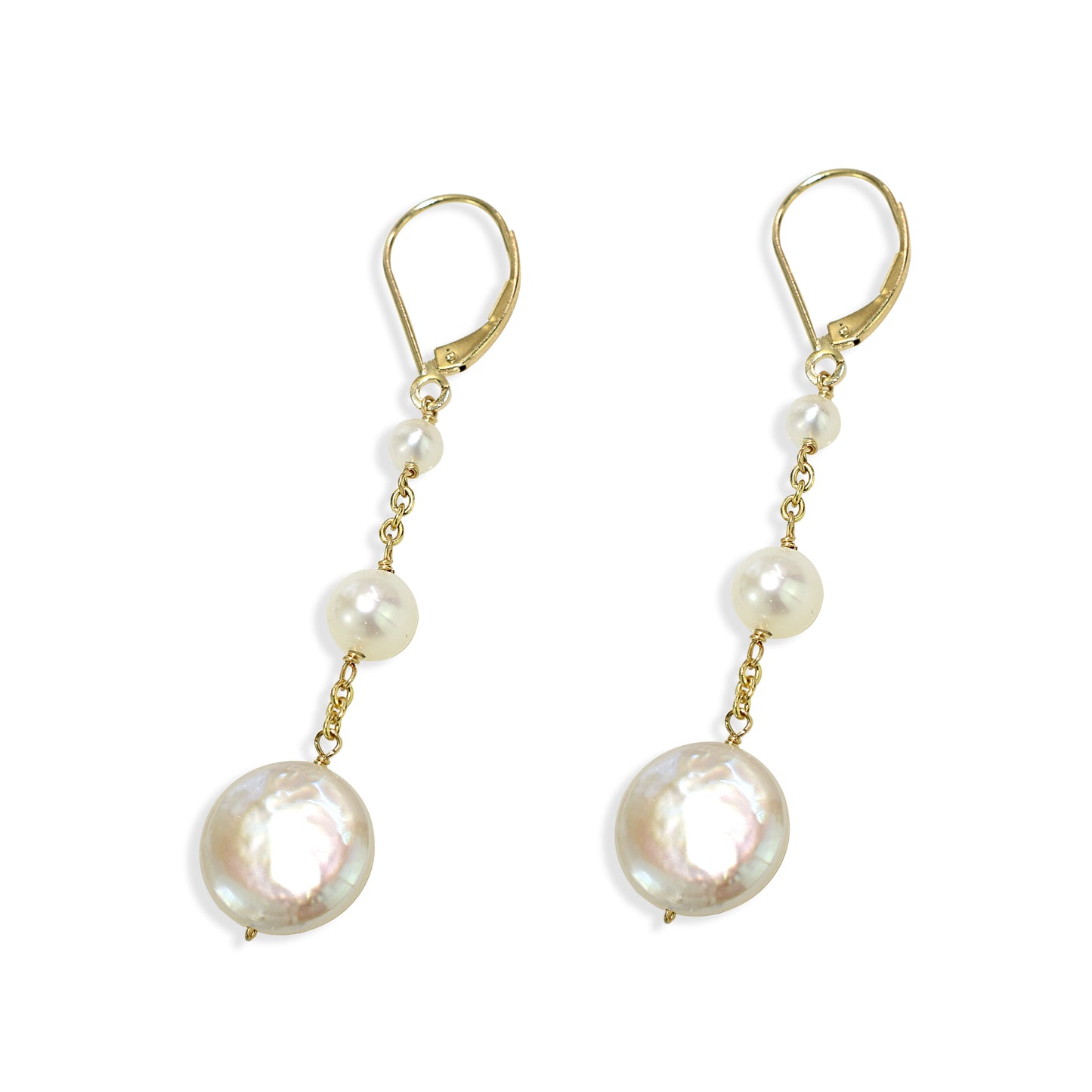 14k Freshwater Pearl Coin Chain Drop Earring