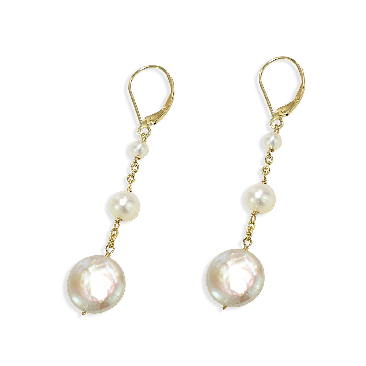 14k Freshwater Pearl Coin Chain Drop Earring