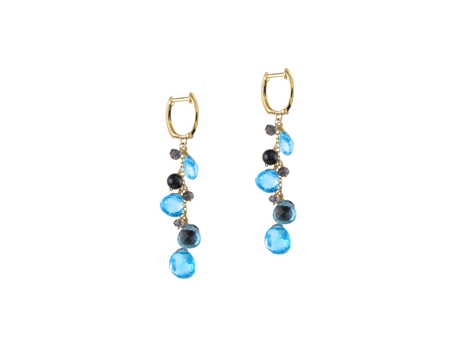14k Swiss Blue Topaz Blue Pearl Huggie Hoop Dangle Earrings