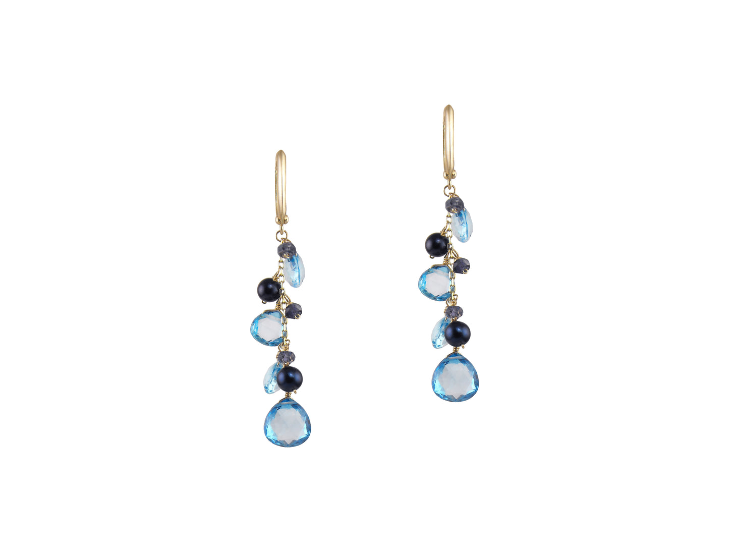 14k Swiss Blue Topaz Blue Pearl Huggie Hoop Dangle Earrings