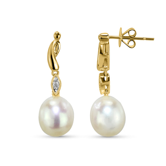 14k Freshwater Pearl Diamond Drop Earrings