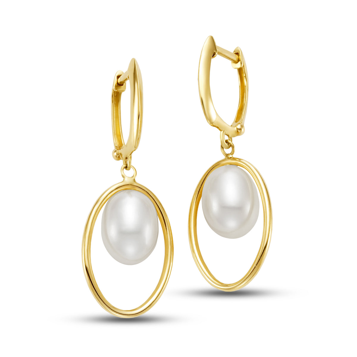 14k Floating White Pearl Hoop Drop Earring