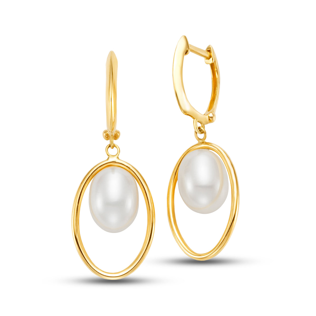14k Floating White Pearl Hoop Drop Earring