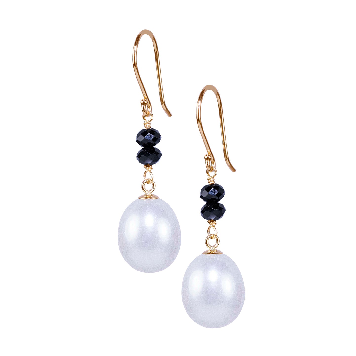 14k White Freshwater Pearl Black Spinel Hook Earring