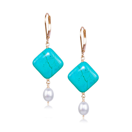 14k White Freshwater Pearl, Rectangle Turquoise Leverback Earring