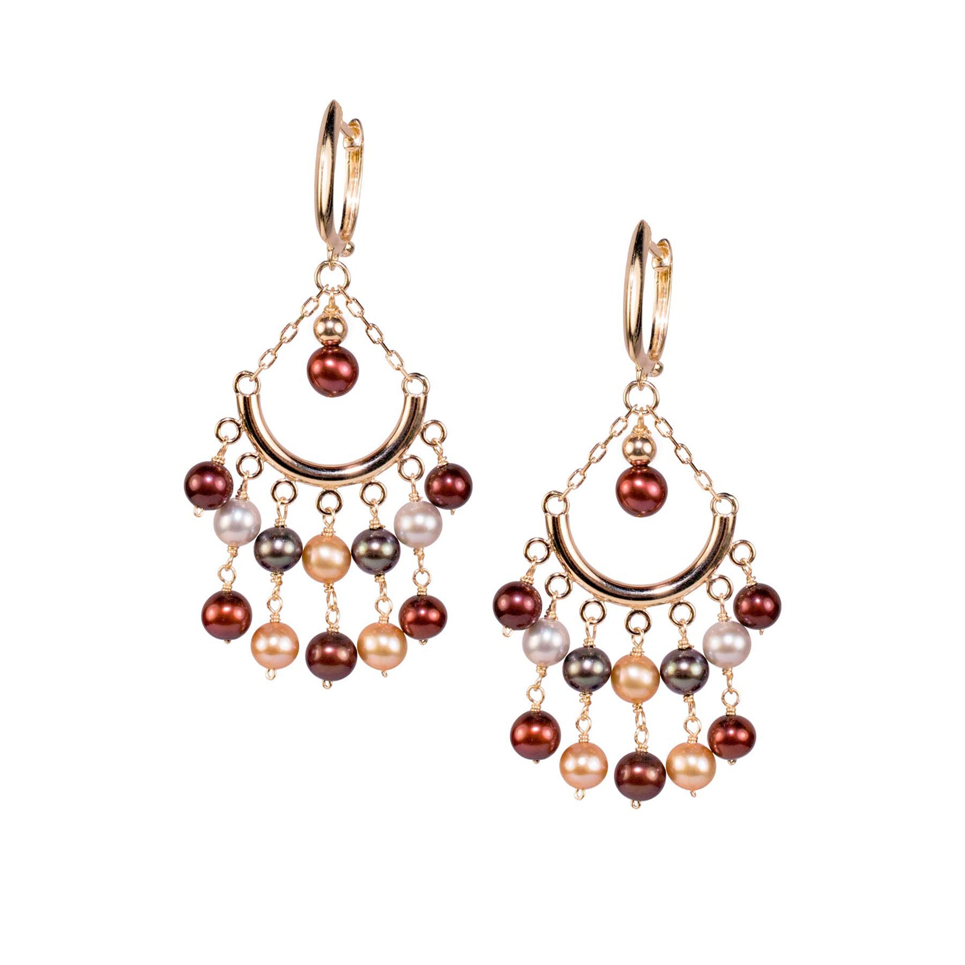 14k White, Grey, Champagne, and Red Freshwater Pearl Chandelier Huggie Hoop Dangle Earring