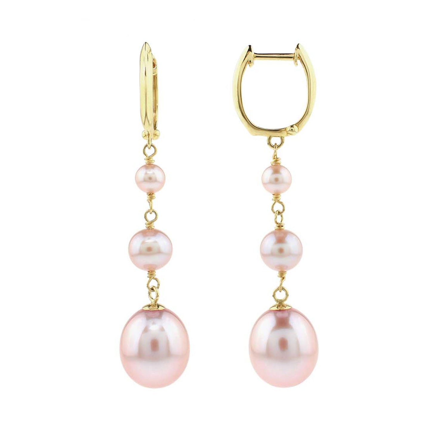 14k Triple Pink Freshwater Pearl Huggie Hoop Dangle Earring