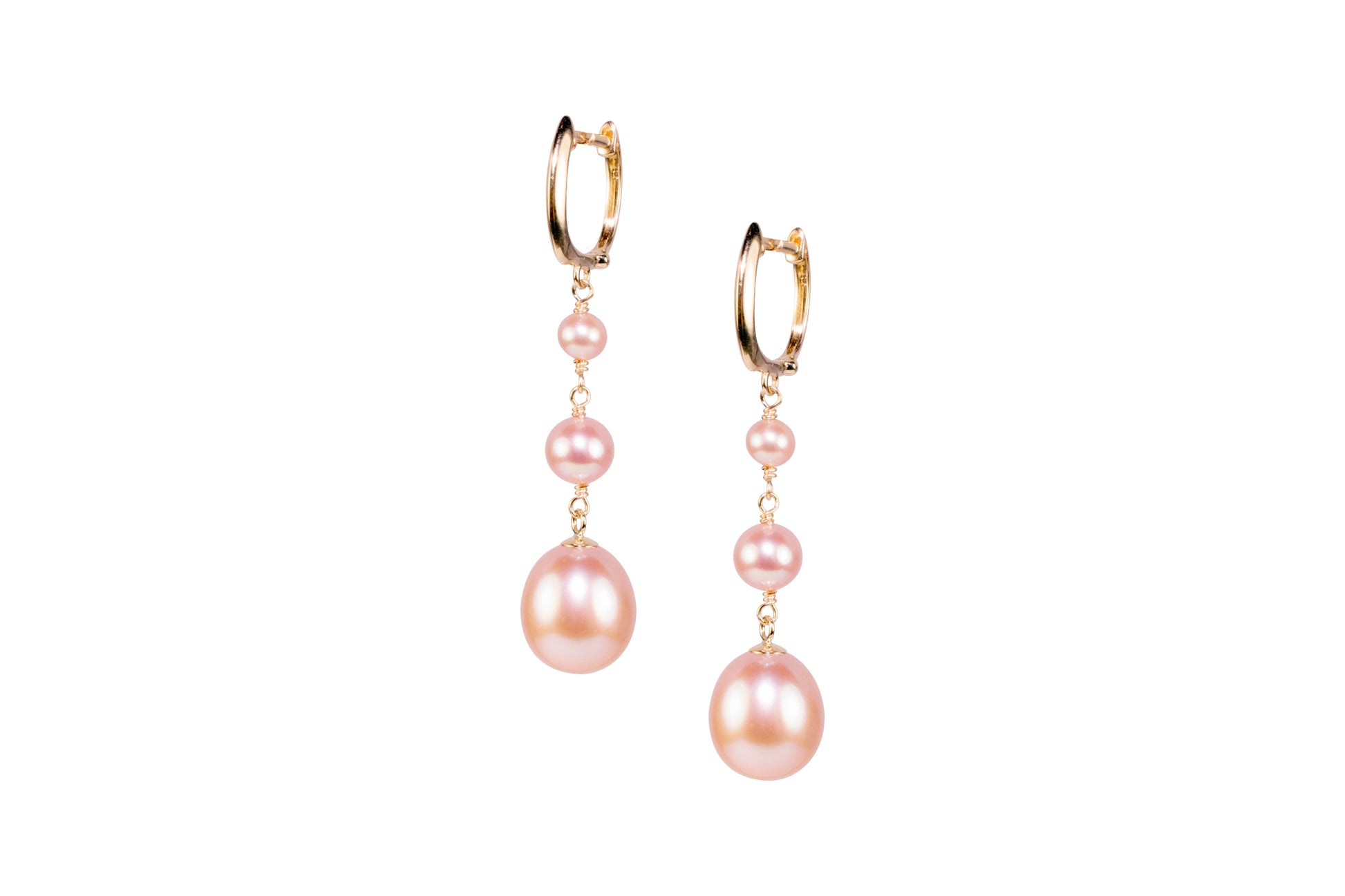 14k Triple Pink Freshwater Pearl Huggie Hoop Dangle Earring