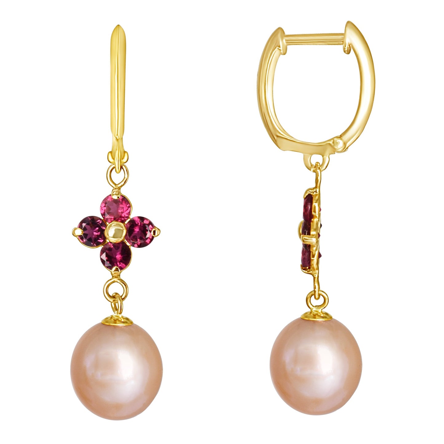 14k Pink Freshwater Pearl and Pink Tourmaline Huggie Hoop Dangle Earring freeshipping - Jewelmak Shop