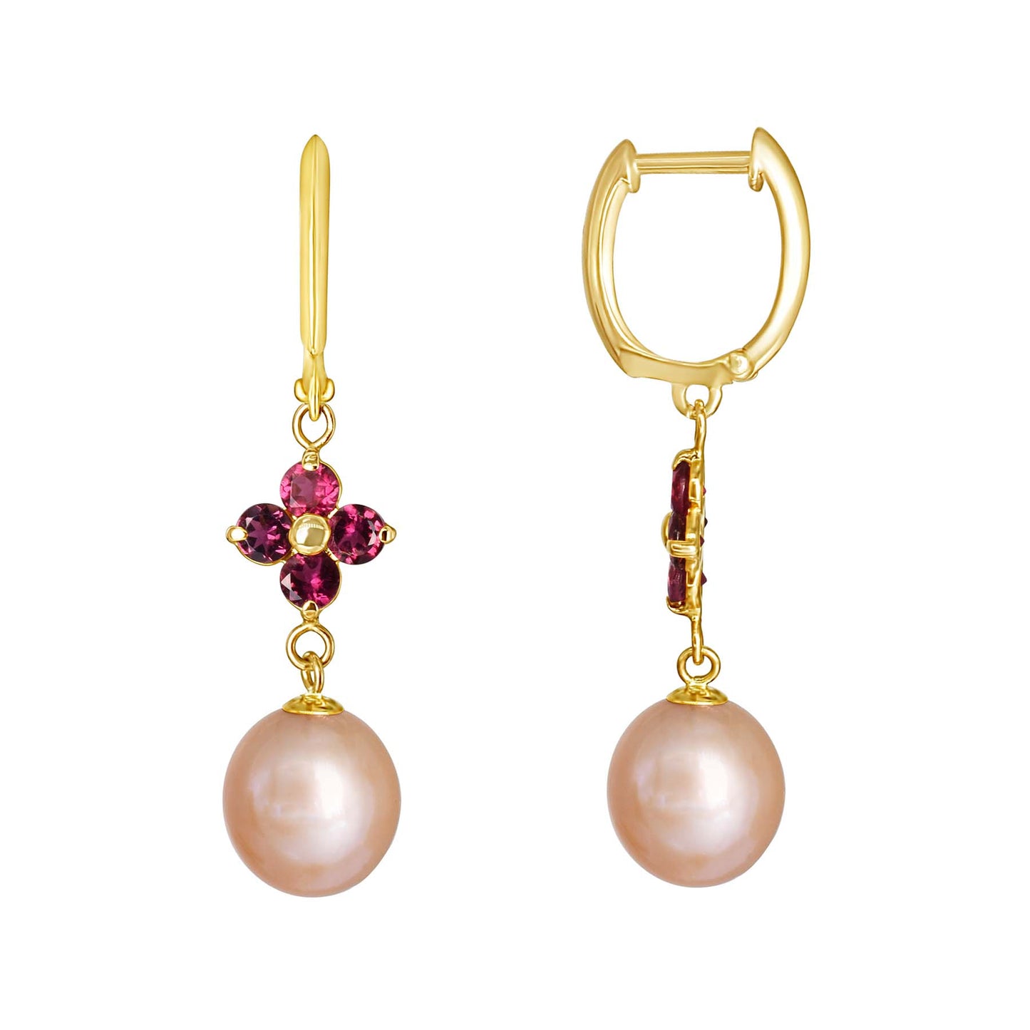 14k Pink Freshwater Pearl and Pink Tourmaline Huggie Hoop Dangle Earring
