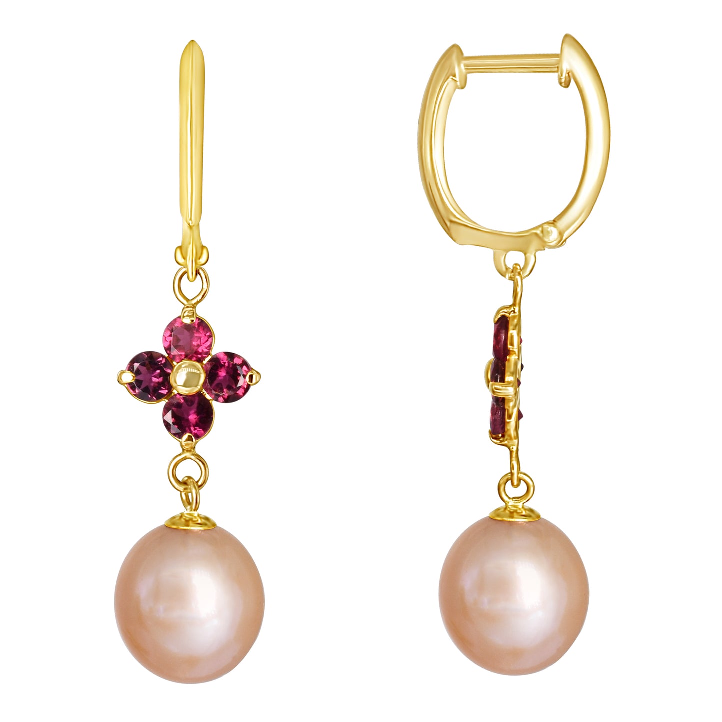14k Pink Freshwater Pearl and Pink Tourmaline Huggie Hoop Dangle Earring