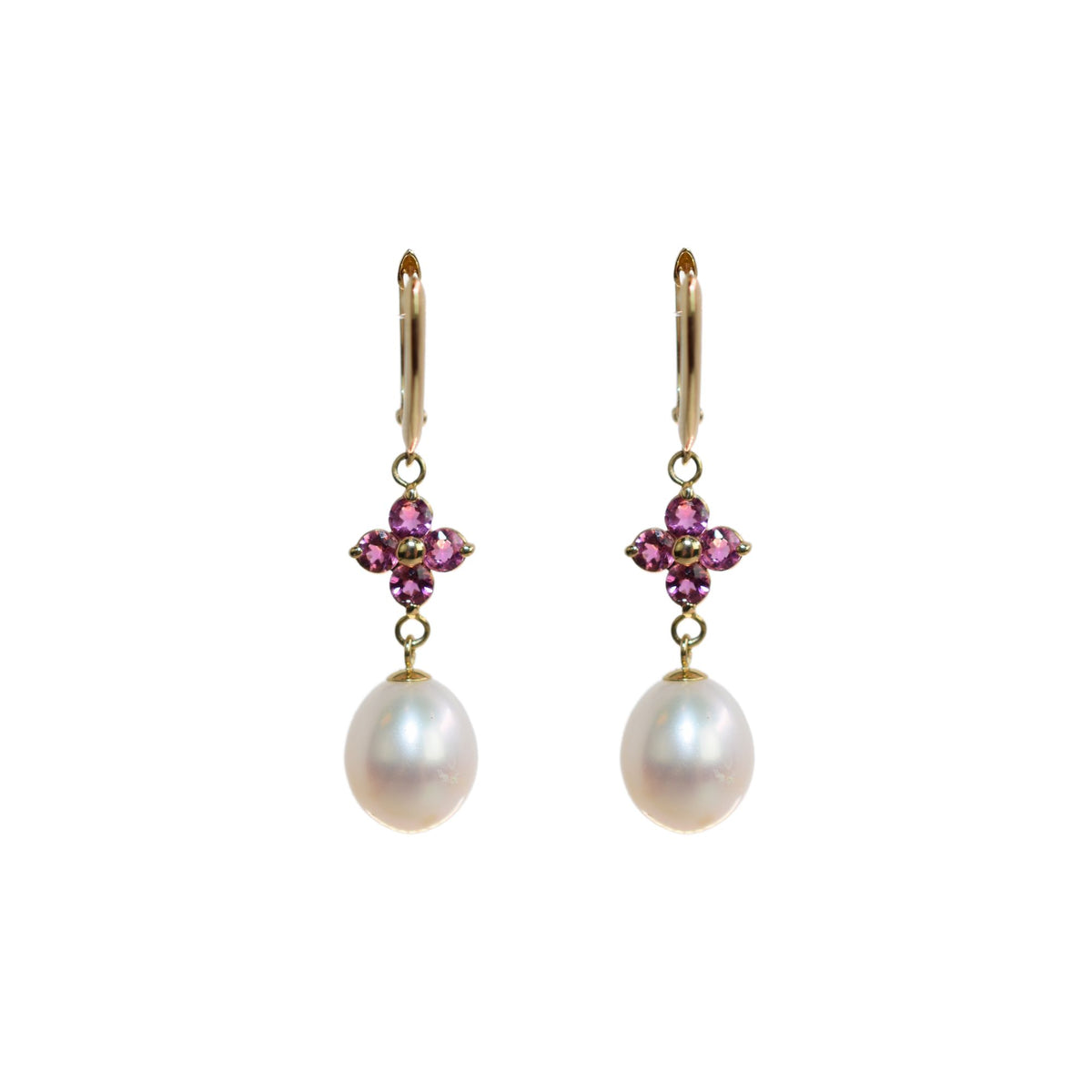 14k Pink Tourmaline Flower And White Freshwater Pearl Drop Earring