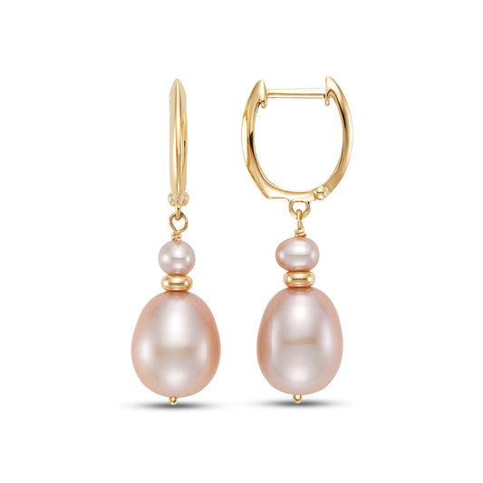 14k Pink Freshwater Pearls Gold Roundel Huggie Hoop with 14k Wire Earrings