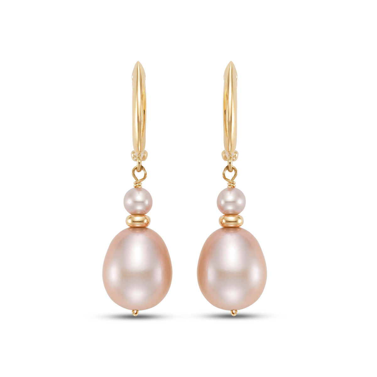 14k Pink Freshwater Pearls Gold Roundel Huggie Hoop with 14k Wire Earrings