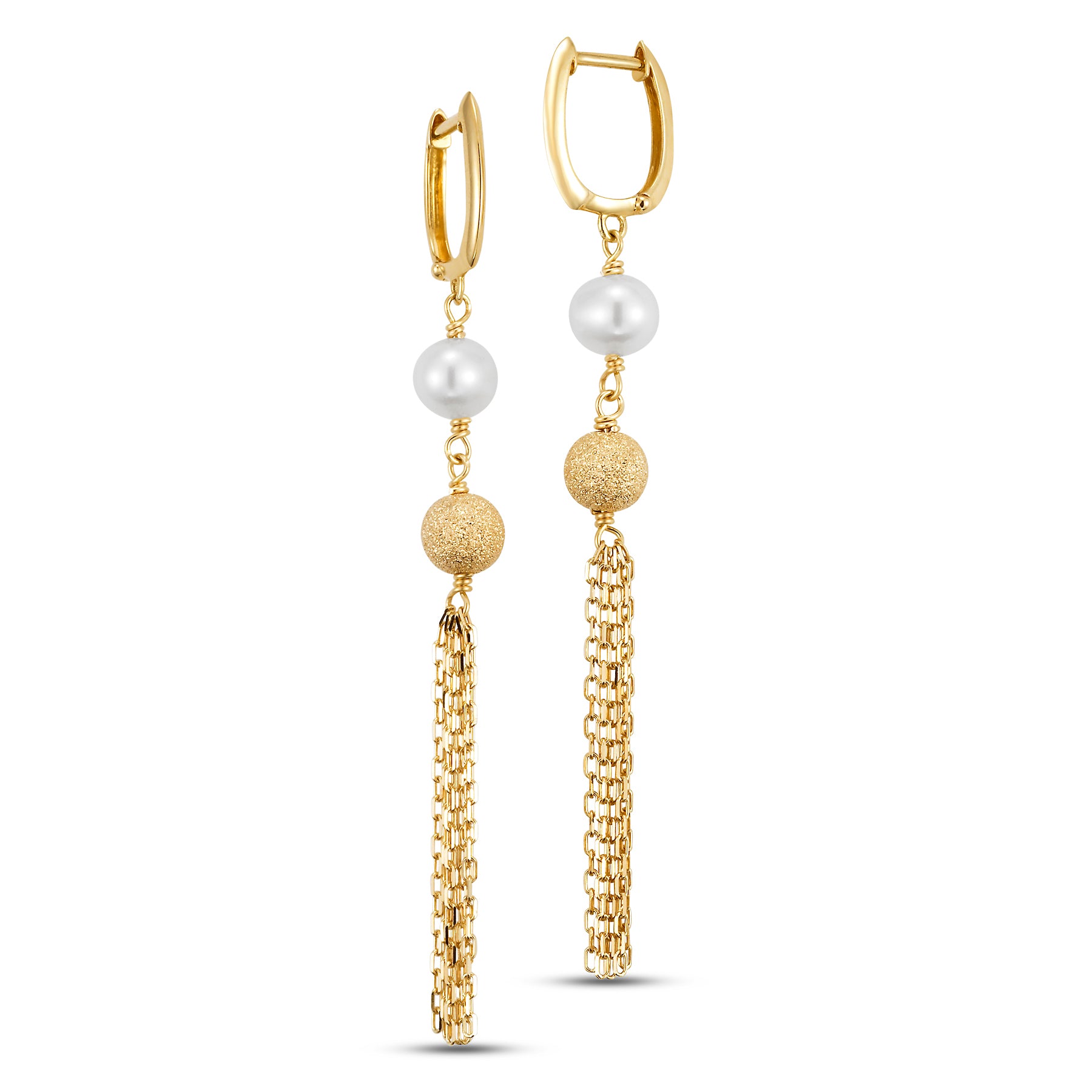 14k Pink or White Freshwater Pearl Gold Fringe Huggie Hoop Dangle Earrings White