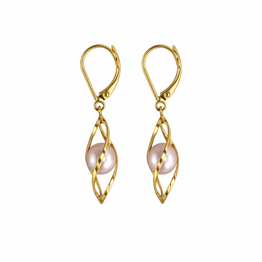 14k Natural Pink Pearl Cage Leverback Earring