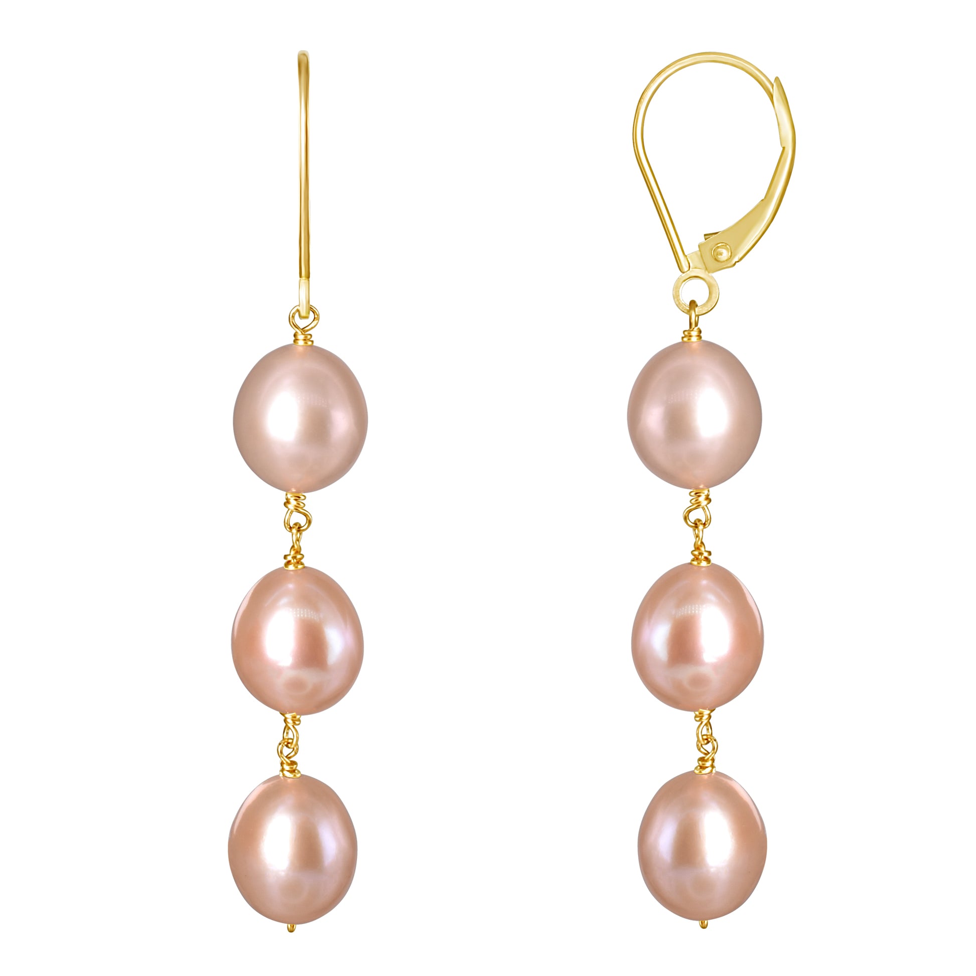 14k Pink Freshwater Pearls Triple Link Leverback Earrings