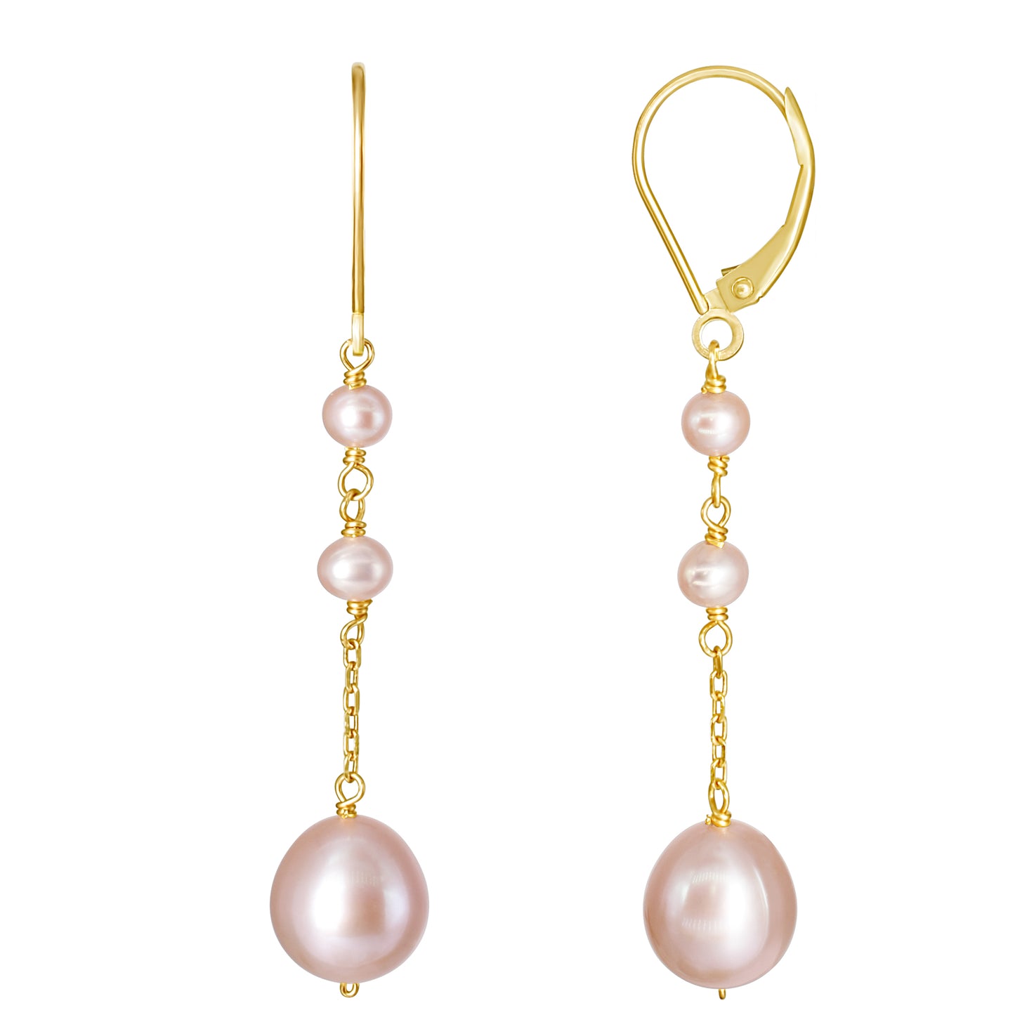 14k Pink Freshwater Pearls Leverback Dangle Earrings