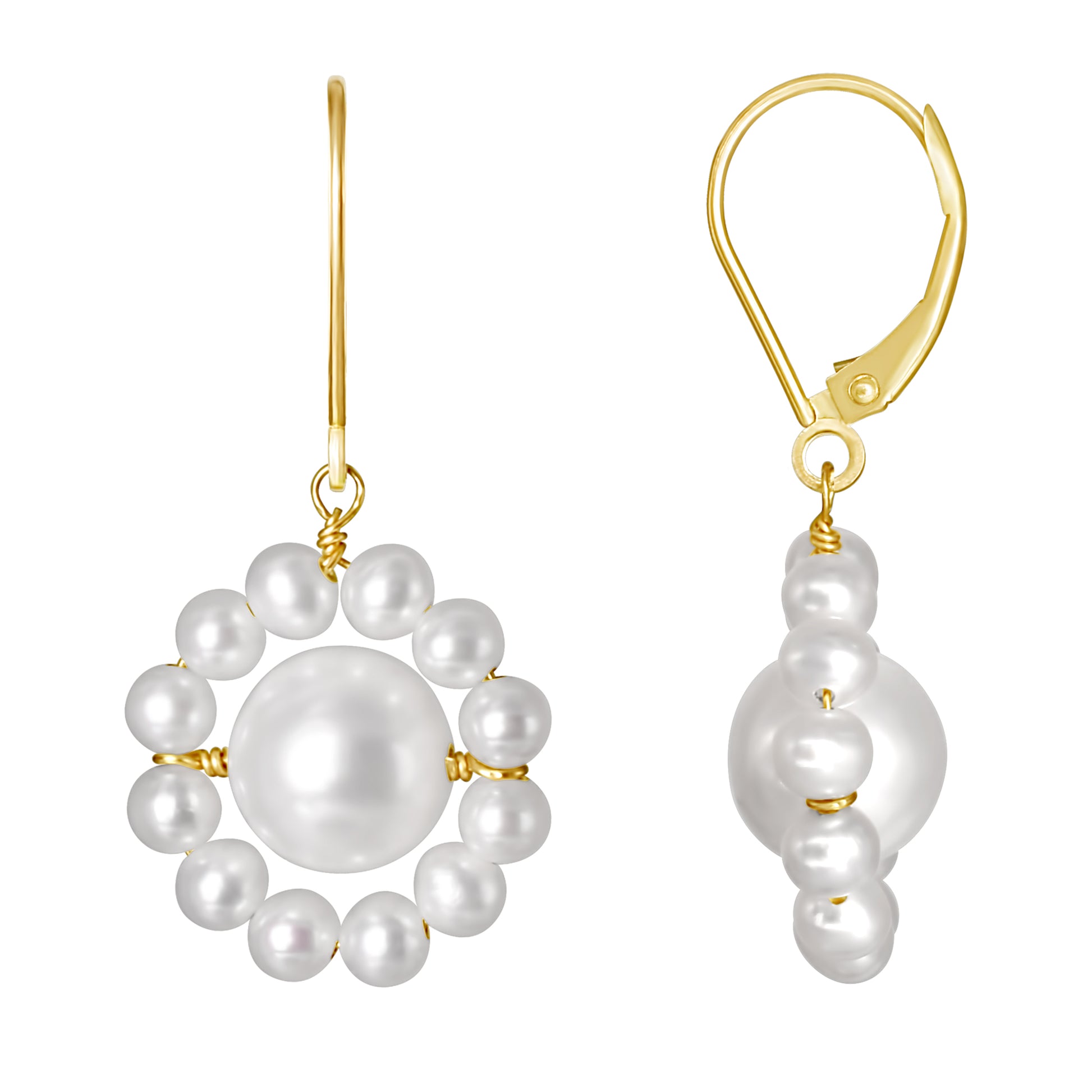 14k White Freshwater Pearl Flower Drop Leverback Earrings White Pearl