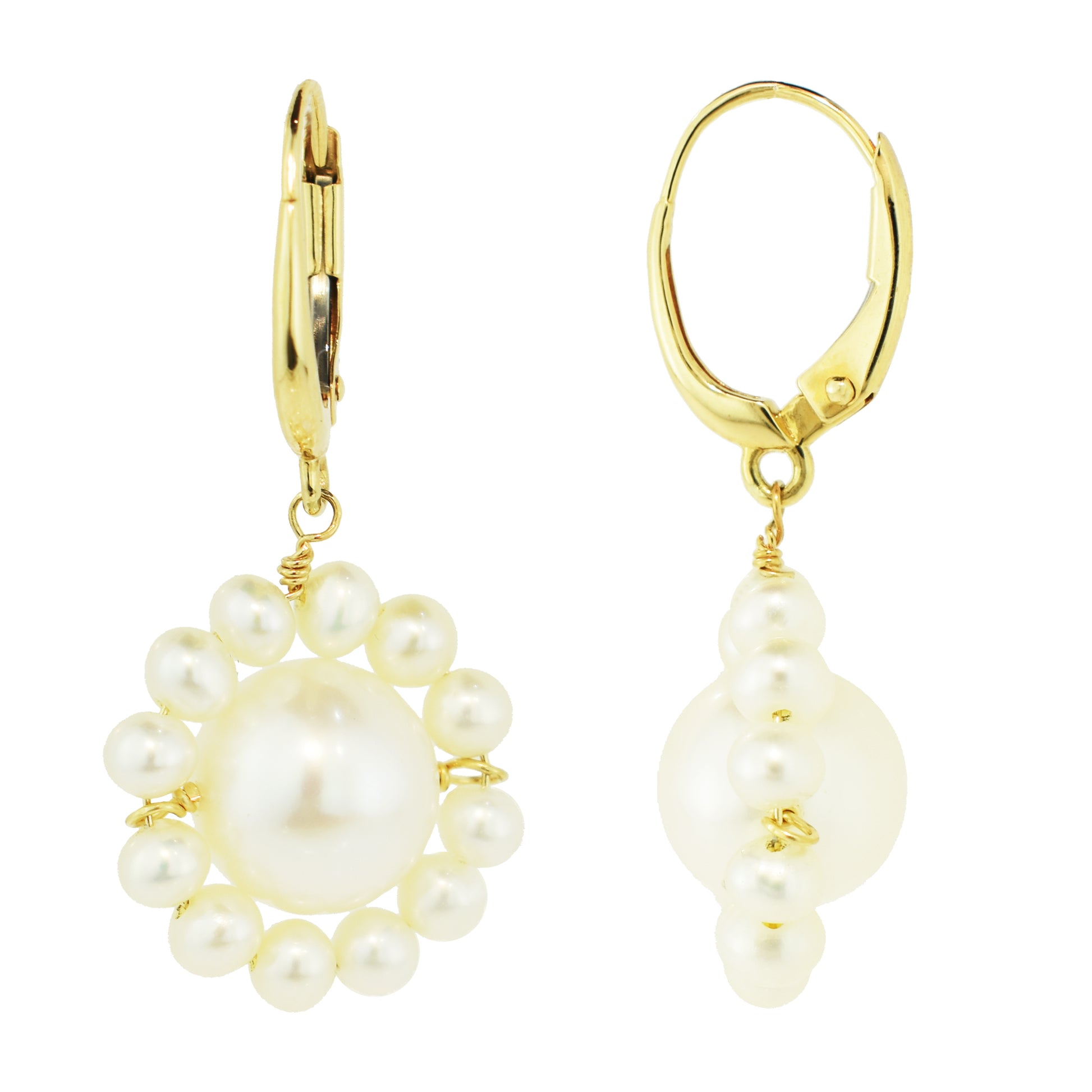 14k White Freshwater Pearl Flower Drop Leverback Earrings White Pearl