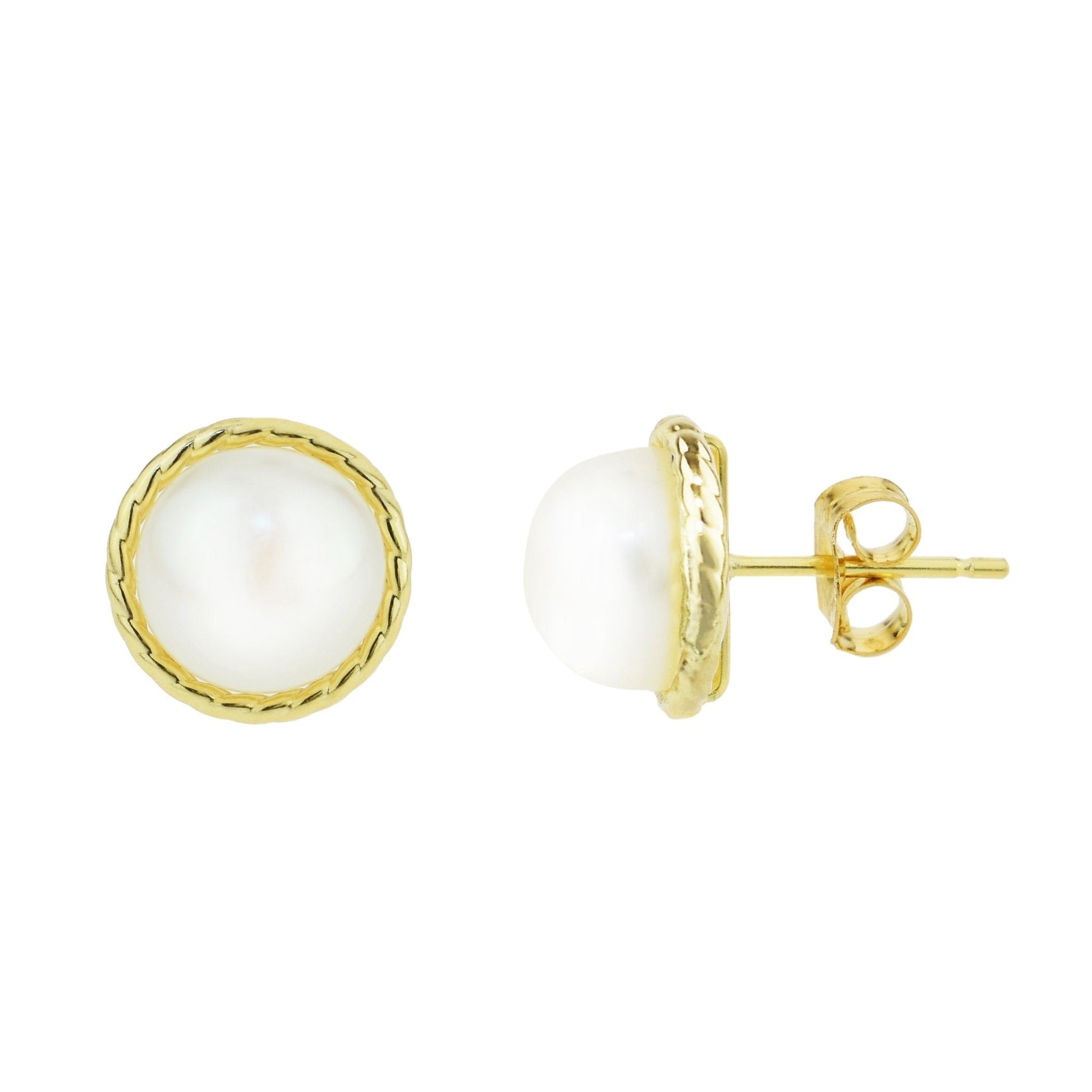 14k White Pearl Button with Twist Rope Frame Post Earrings freeshipping - Jewelmak Shop