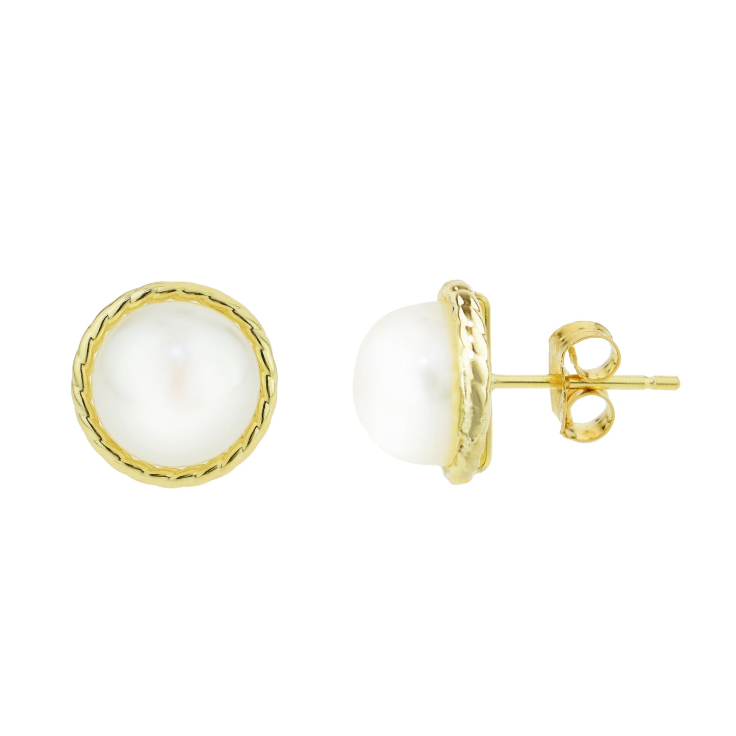 14k White Freshwater Pearl Button with Twist Rope Frame Post Earrings