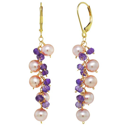 14k Pink Freshwater Pearls and Amethyst Cluster Leverback Earring