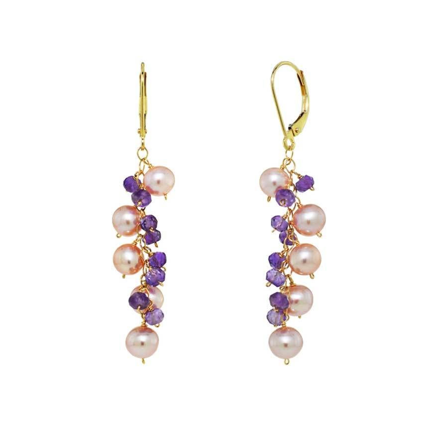 14k Pink Pearls and Amethyst Cluster Leverback Earring freeshipping - Jewelmak Shop