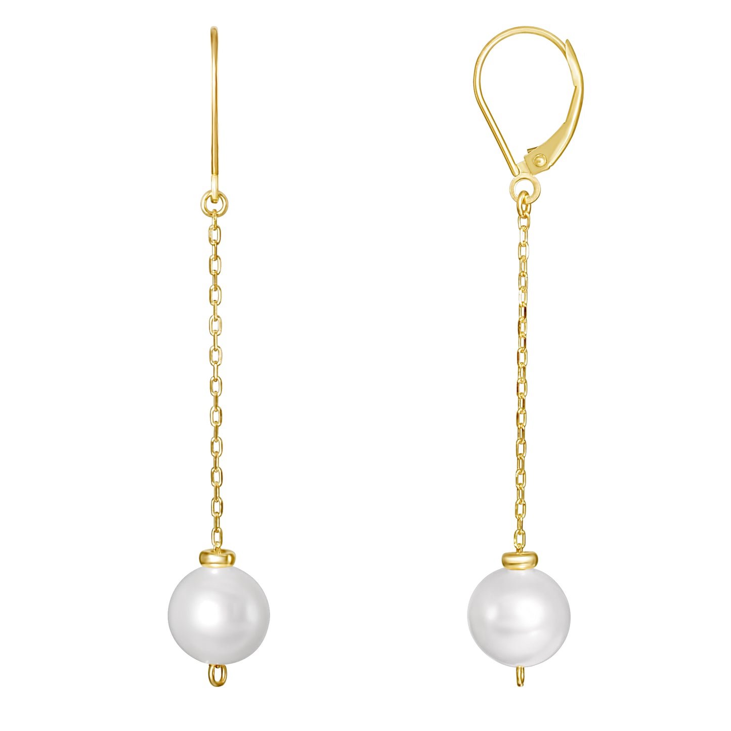 14k White Freshwater Pearls Leverback Dangling Cable Chain Leverback Earrings