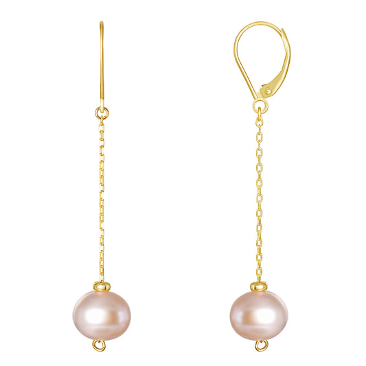 14k Pink Freshwater Pearl Dangling Cable Chain Earrings