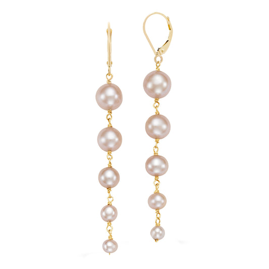 14k Pink/White Freshwater Pearl Graduated Dangle Earrings Leverback / Pink