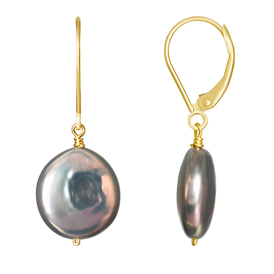 14k Grey Freshwater Coin Pearl Leverback Earring