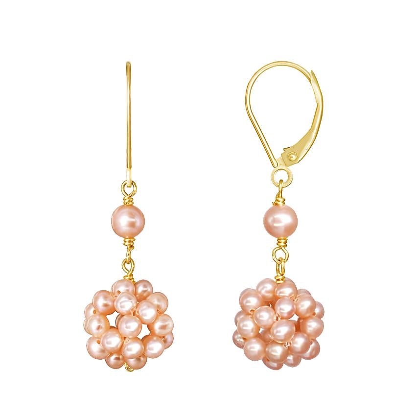 14k Natural Pink Cultured Freshwater Pearl Cluster Leverback Earring freeshipping - Jewelmak Shop