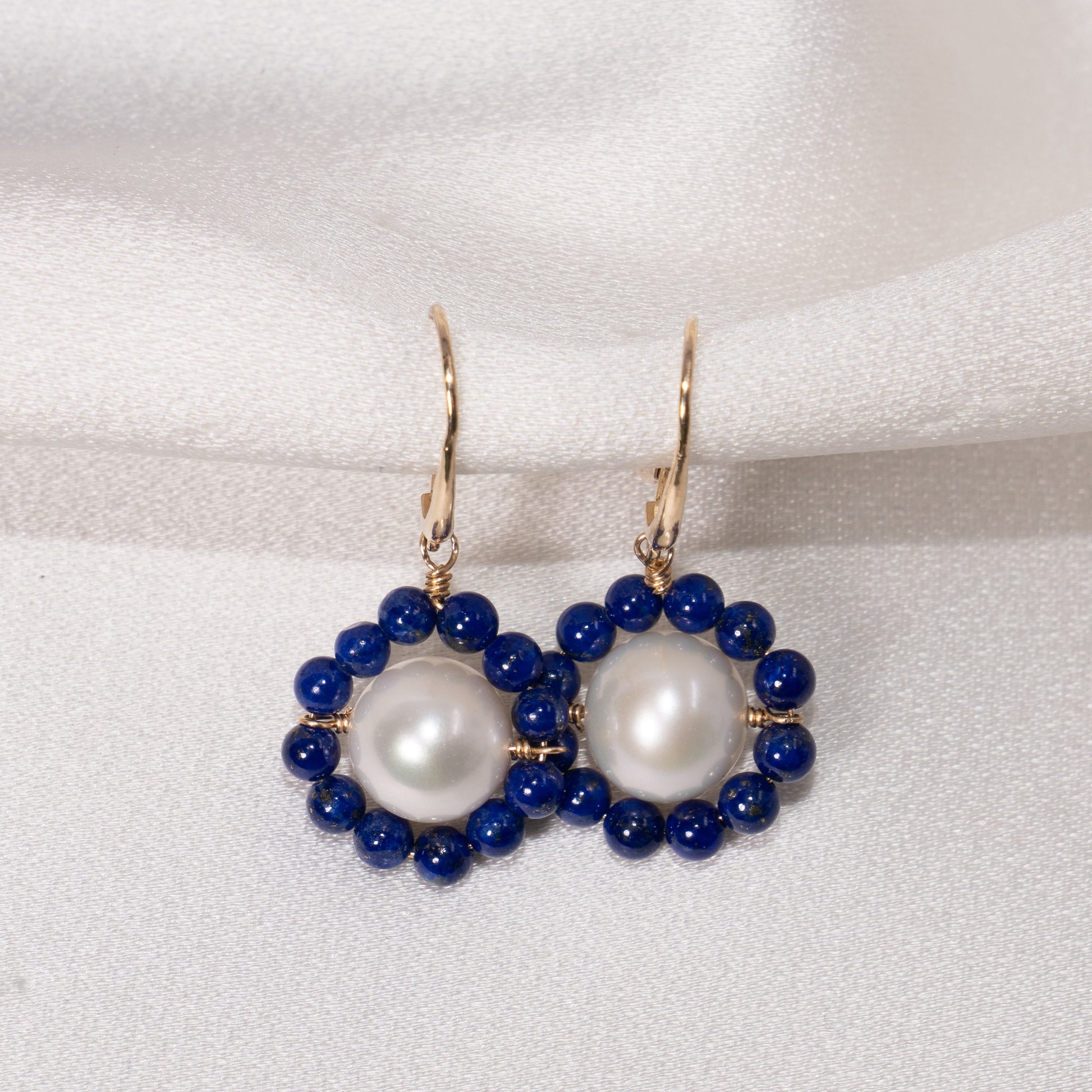 14k White Freshwater Pearl Flower Drop Leverback Earrings White Pearl & Lapis