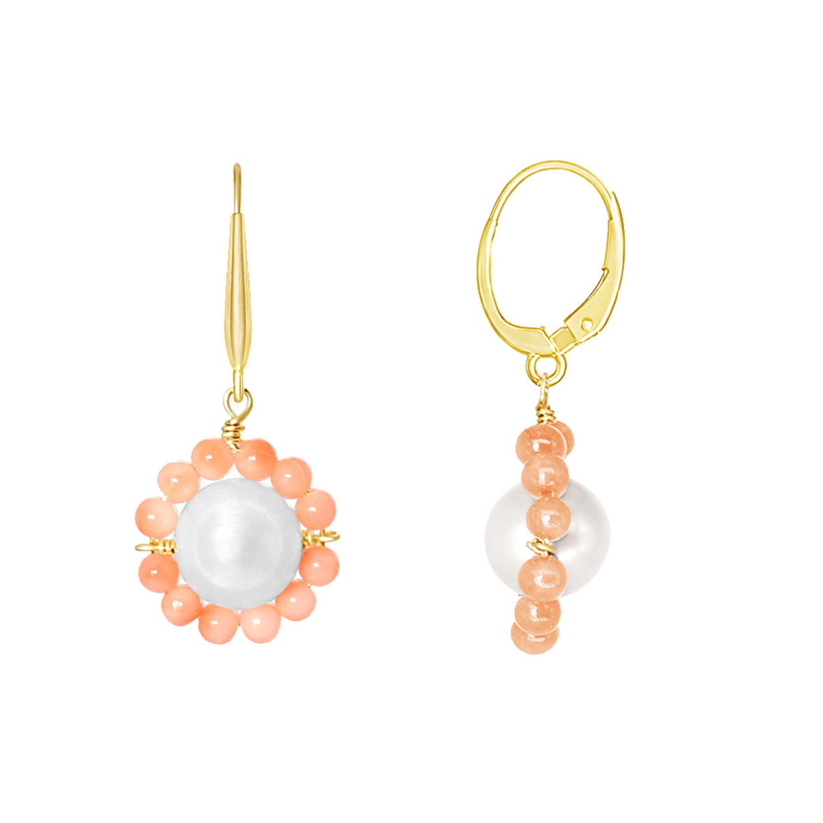 14k White Freshwater Pearl Flower Drop Leverback Earrings White Pearl & Coral