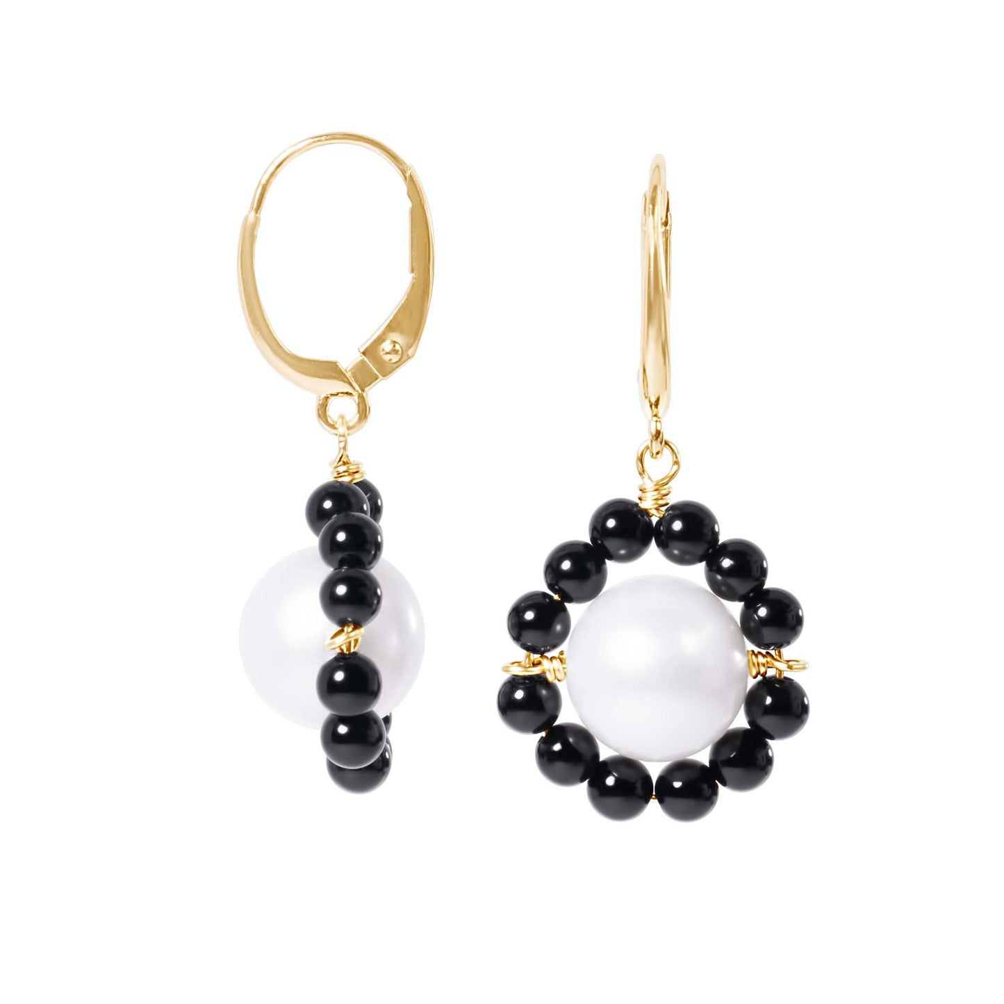 14k White Freshwater Pearl Flower Drop Leverback Earrings White Pearl & Black Onyx