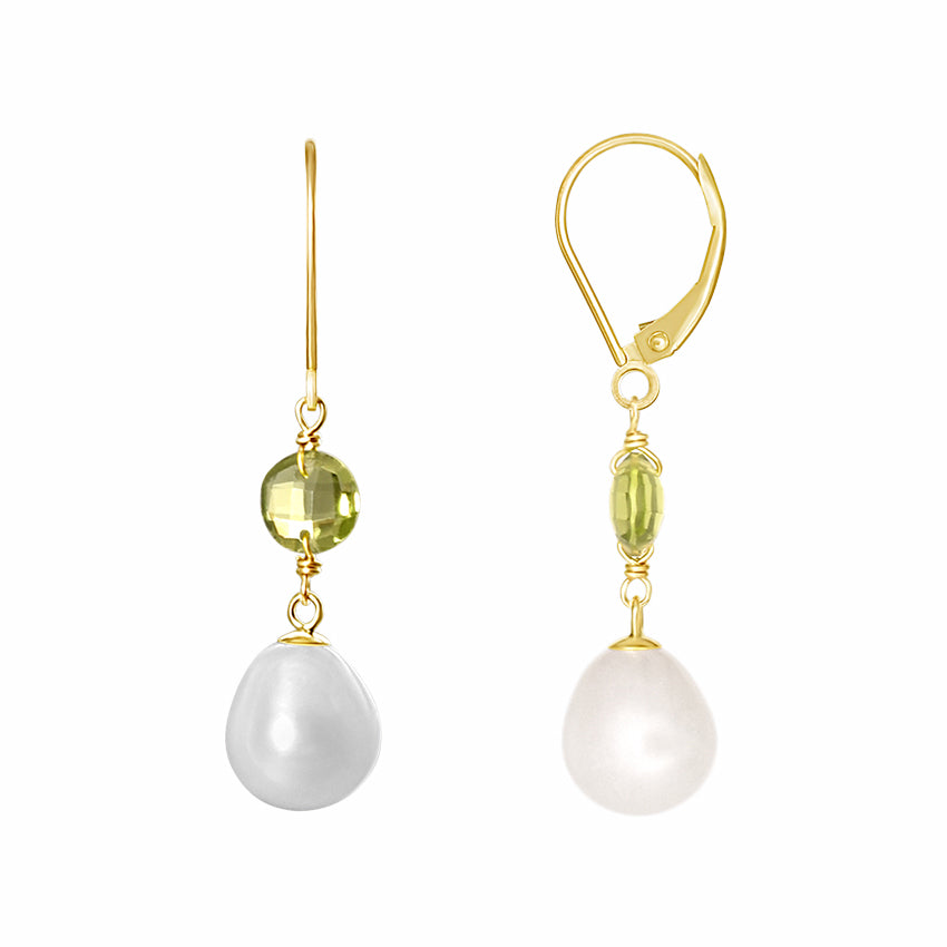 14k Swiss Blue Topaz White Freshwater Pearl Leverback Earring Peridot