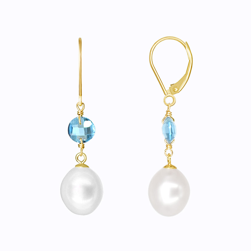 14k Swiss Blue Topaz White Freshwater Pearl Leverback Earring Swiss Blue Topaz