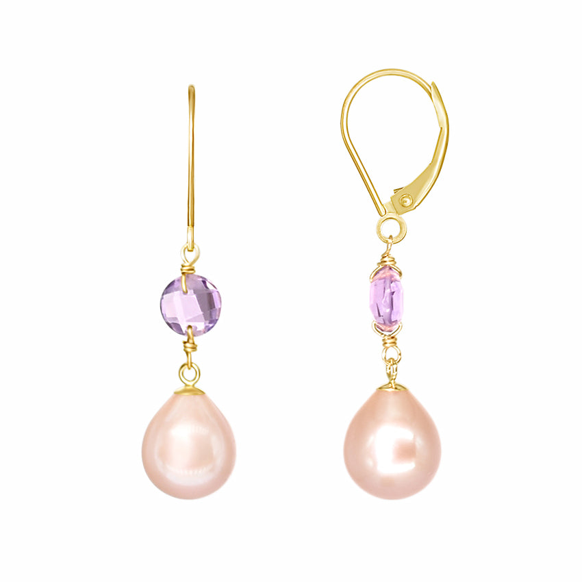 14k Pearl and Gemstones Dangle Leverback Earring