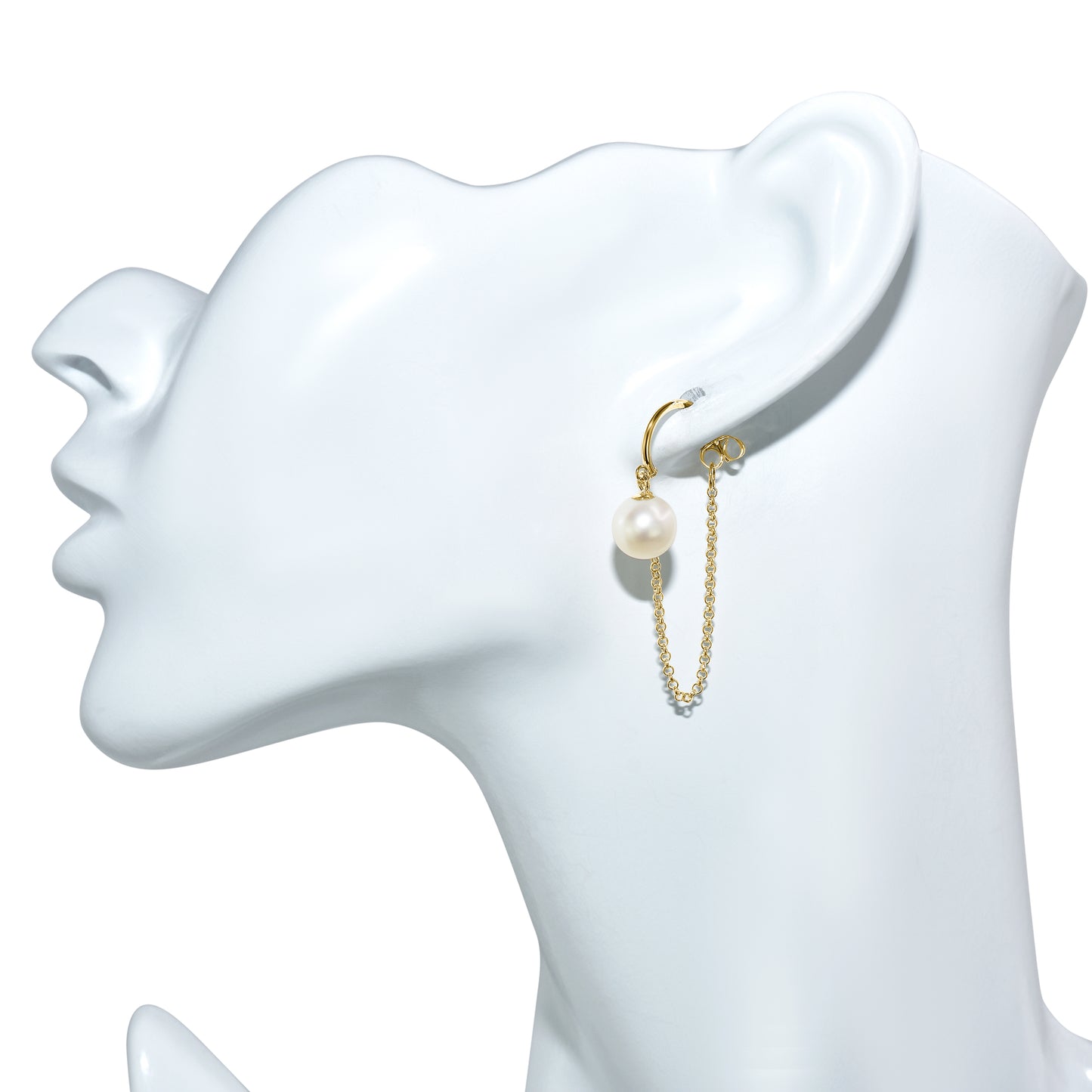 14k White Pearl Gold Chain Front Back Earring