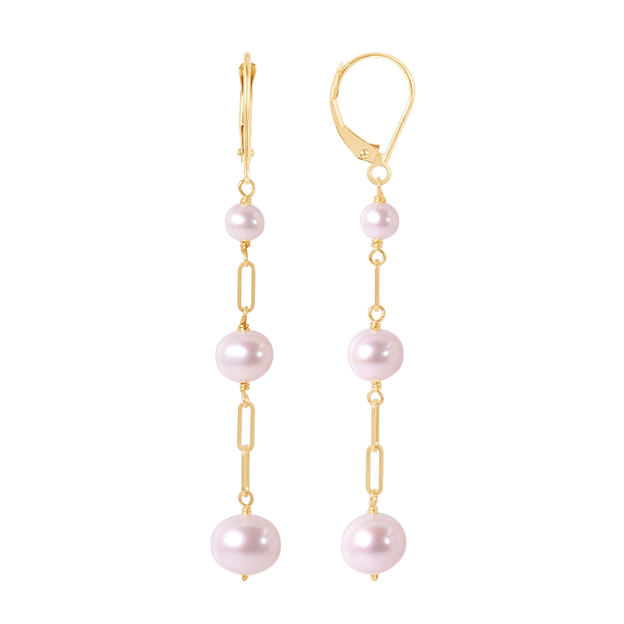 14k White Freshwater Pearl Paperclip Chain Leverback Dangle Earring