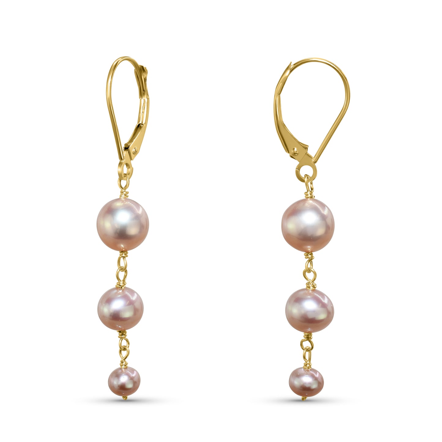 14k Natural Pink Pearl Graduated Drop Leverback Earring